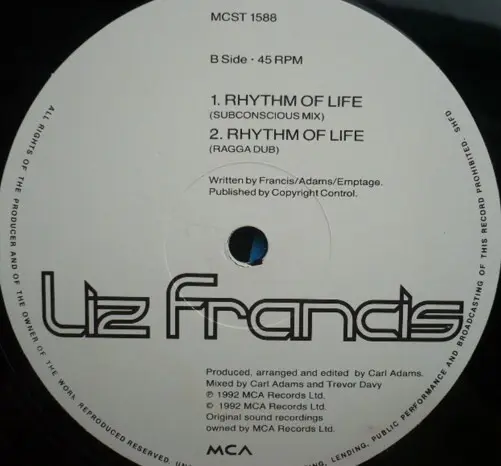 Liz Francis - Rhythm Of Life, Electronic, Euro House, 1992 - MCA Records, UK, Vinyl 1x 12", 45 RPM
