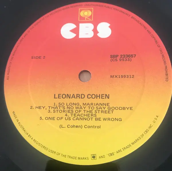 Leonard Cohen - Songs Of Leonard Cohen, Rock, CBS, Australia, Vinyl 1x LP, Album, Reissue