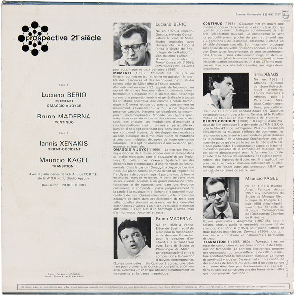 Iannis Xenakis / Luciano Berio / Bruno Maderna / Mauricio Kagel - Orient-Occident / Momenti - Omaggio A Joyce / Continuo / Tr