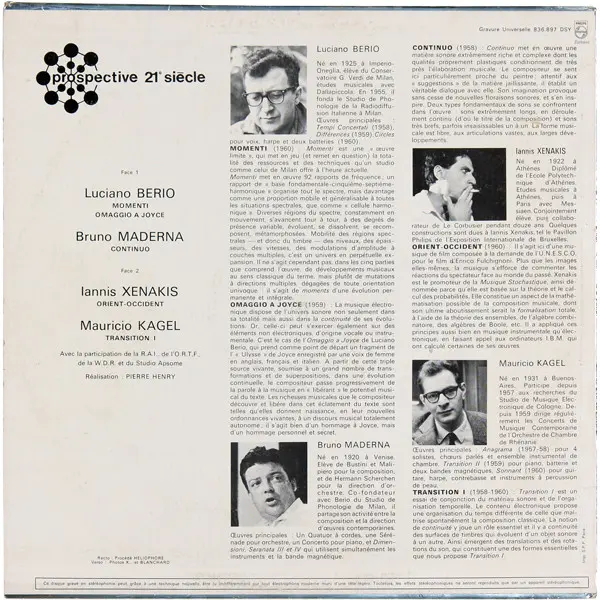 Iannis Xenakis / Luciano Berio / Bruno Maderna / Mauricio Kagel - Orient-Occident / Momenti - Omaggio A Joyce / Continuo / Tr