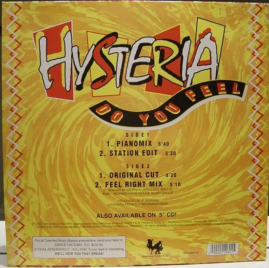 Hysteria (7) - Do You Feel, Electronic, Euro House, House, 1993 - Dance Factory, Netherlands, Vinyl 1x 12", 45 RPM, Stereo