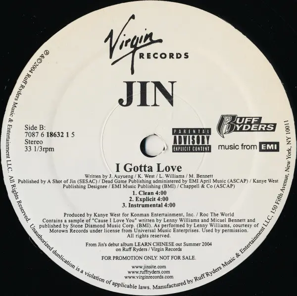 Jin - Get Your Handz Off / I Gotta Love, Hip Hop, 2004 - Ruff Ryders, Virgin, US, Vinyl 1x 12", 33 ⅓ RPM, Promo