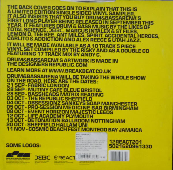 Bad Company - Drum & Bass Arena Sampler, Electronic, Drum n Bass, 2001 - React, UK, Vinyl 1x 12", 45 RPM, Single Sided, Limit