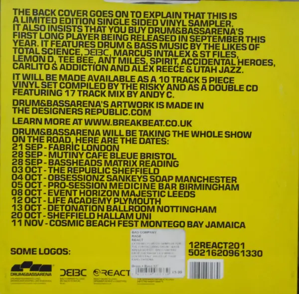 Bad Company - Drum & Bass Arena Sampler, Electronic, Drum n Bass, 2001 - React, UK, Vinyl 1x 12", 45 RPM, Single Sided, Limit