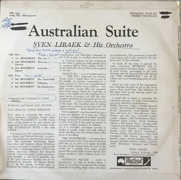 Sven Libaek And His Orchestra - Australian Suite, Jazz, 1969 - Festival Records, Australia, Vinyl 1x LP, Stereo