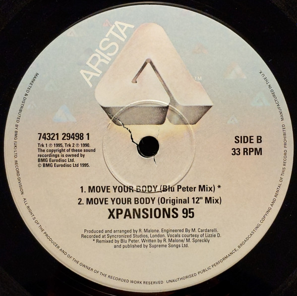 Xpansions - Move Your Body, Electronic, Hard House, House, 1995 - Arista, UK, Vinyl 1x 12", 33 ⅓ RPM