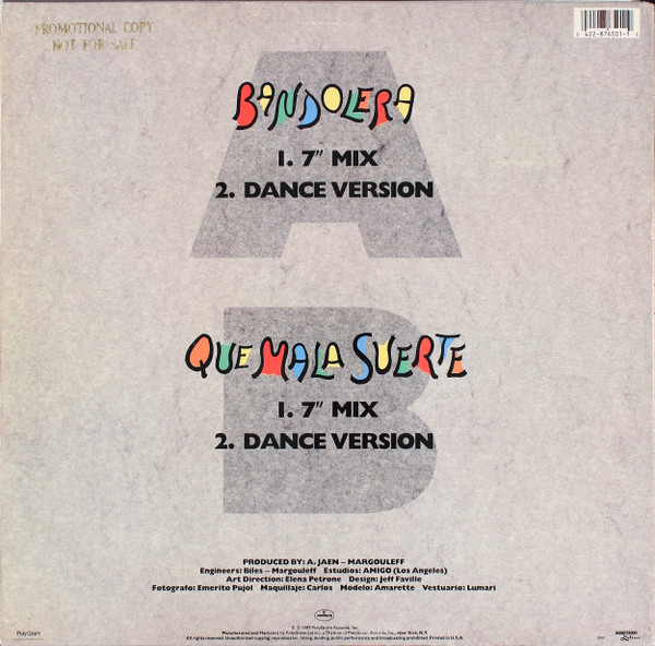 Alejandro Jaén - Bandolera, Latin, 1989 - Mercury, US, Vinyl 1x 12", 33 ⅓ RPM, Promo, Stereo