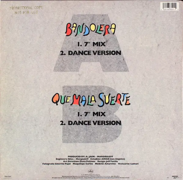 Alejandro Jaén - Bandolera, Latin, 1989 - Mercury, US, Vinyl 1x 12", 33 ⅓ RPM, Promo, Stereo