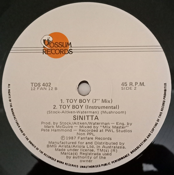 Sinitta - Toy Boy, Electronic, Hi NRG, Synth-pop, 1987 - Possum Records, Australia, Vinyl 1x 12", 45 RPM, Single