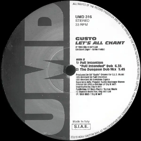 Gusto - Let's All Chant, Electronic, Disco, House, 1996 - Underground Music Department (UMD), Italy, Vinyl 1x 12", 33 ⅓ RPM, 