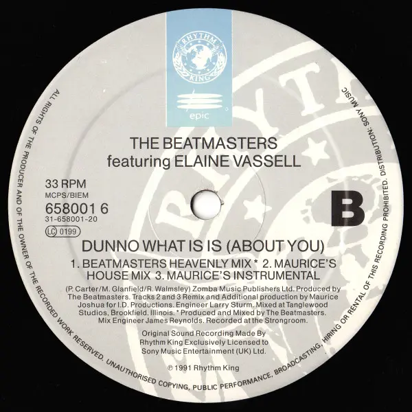 Beatmasters, The Featuring Elaine Vassell - Dunno What It Is (About You), Electronic, House, 1992 - Epic, Rhythm King, UK, Vi