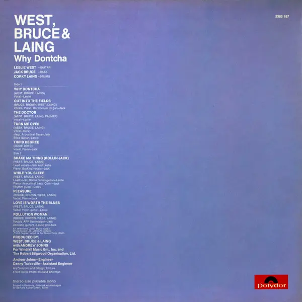 West, Bruce & Laing - Why Dontcha - 1972 -Blues Rock, Hard Rock -Polydor -Vinyl 1x LP, Album