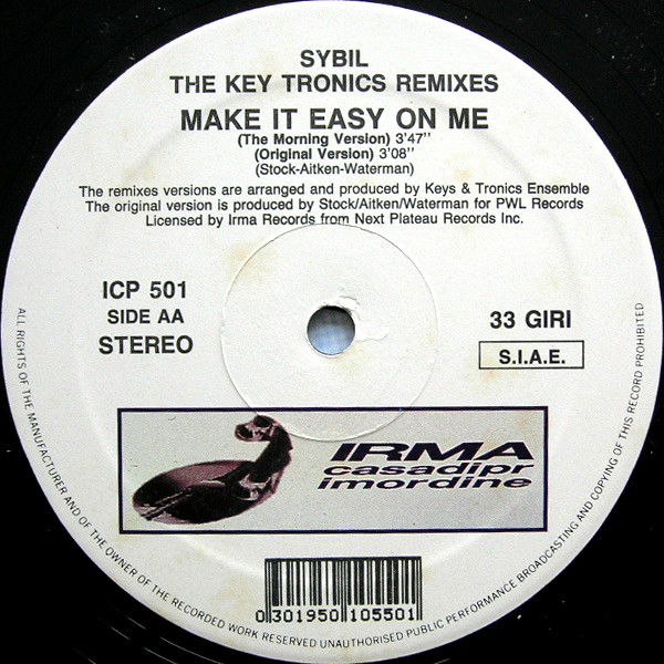 Sybil - Make It Easy On Me (The Key Tronics Remixes), Electronic, House, 1991 - Irma CasaDiPrimordine, Italy, Vinyl 1x 12", 3