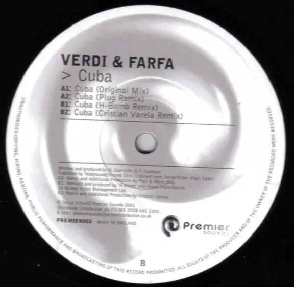 Tony Verdi & Francesco Farfa - Cuba, Electronic, Progressive House, Tech House, 2001 - Premier Sounds, UK, Vinyl 1x 12", 33 ⅓