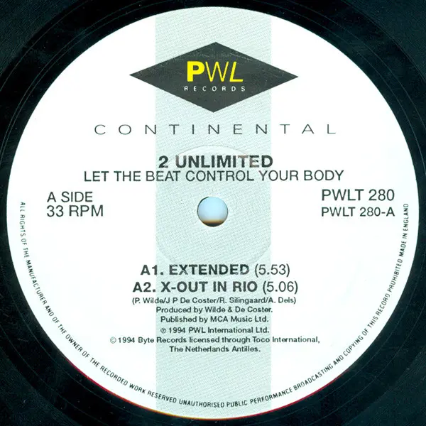 2 Unlimited - Let The Beat Control Your Body, Electronic, Euro House, 1994 - PWL Continental, UK, Vinyl 1x 12", 33 ⅓ RPM