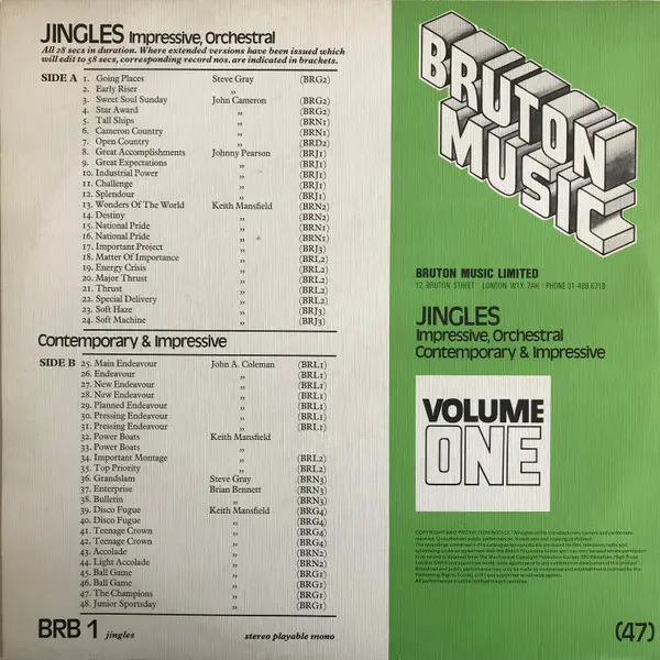 Various - Jingles Volume One, Funk / Soul, Jazz, Pop, Stage & Screen, 1978 - Bruton Music, UK, Vinyl 1x LP
