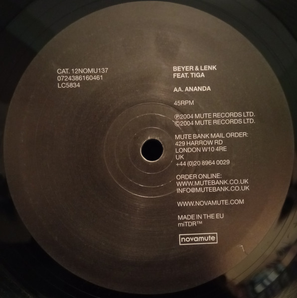 Adam Beyer & Lenk Feat. Tiga - Heartbreak / Ananda, Electronic, EBM, Techno, 2004 - NovaMute, UK, Vinyl 1x 12", 45 RPM