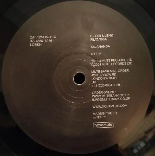 Adam Beyer & Lenk Feat. Tiga - Heartbreak / Ananda, Electronic, EBM, Techno, 2004 - NovaMute, UK, Vinyl 1x 12", 45 RPM