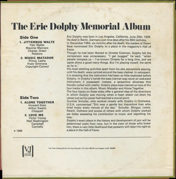 Eric Dolphy - The Eric Dolphy Memorial Album, Jazz, Post Bop, 1968 - Vee Jay Records, US, Vinyl 1x LP, Album, Reissue, Mono