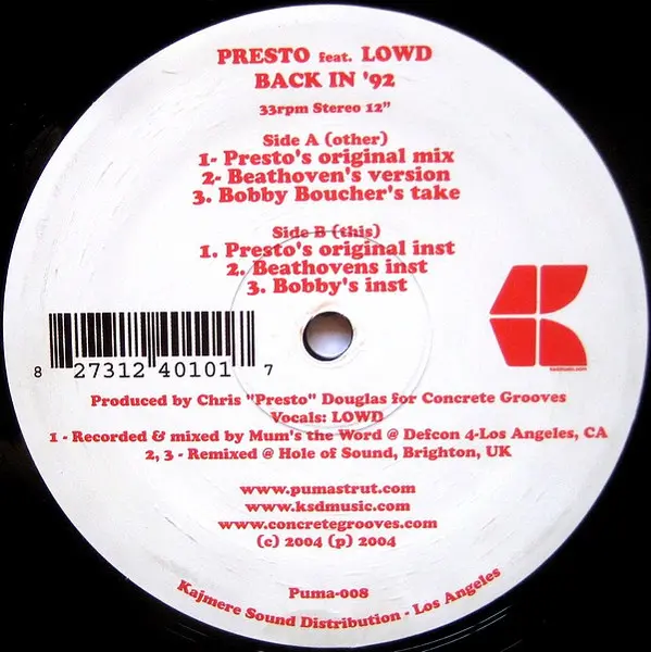 Presto Feat. LOWD - Back In '92, Electronic, Hip Hop, Breaks, 2004 - Puma Strut, US, Vinyl 1x 12", 33 ⅓ RPM, Stereo