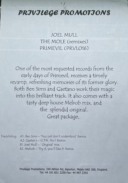 Joel Mull - The Mole Remixes E.P., Electronic, Techno, 1999 - Primevil, UK, Vinyl 1x 12", EP, 33 ⅓ RPM