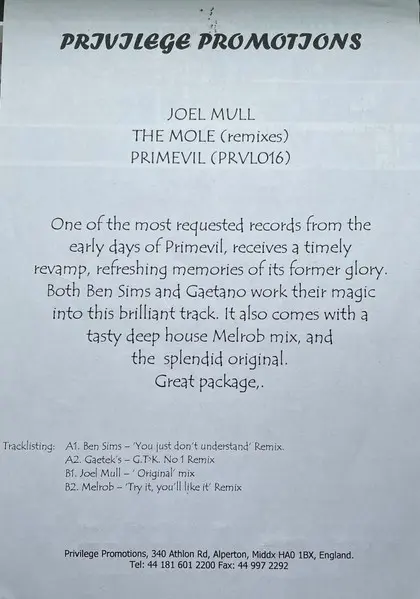 Joel Mull - The Mole Remixes E.P., Electronic, Techno, 1999 - Primevil, UK, Vinyl 1x 12", EP, 33 ⅓ RPM