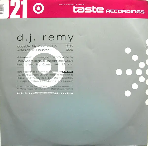 DJ Remy - Cousteau / Pumped Up, Electronic, Progressive Trance, 1999 - Taste Recordings, Netherlands, Vinyl 1x 12", 45 RPM