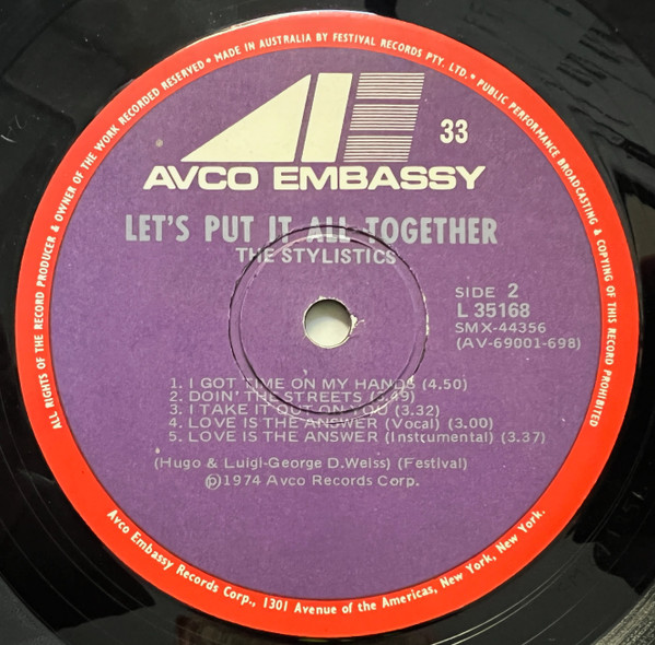 Stylistics, The - Let's Put It All Together, Funk / Soul, Soul, 1974 - AVCO Embassy, Australia, Vinyl 1x LP, Album