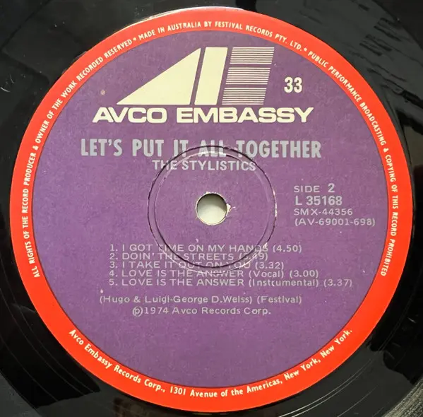 Stylistics, The - Let's Put It All Together, Funk / Soul, Soul, 1974 - AVCO Embassy, Australia, Vinyl 1x LP, Album