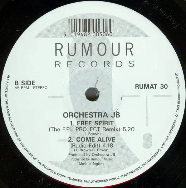 Orchestra JB - Come Alive, Electronic, Balearic, Downtempo, House, 1991 - Rumour Records, UK, Vinyl 1x 12", 45 RPM