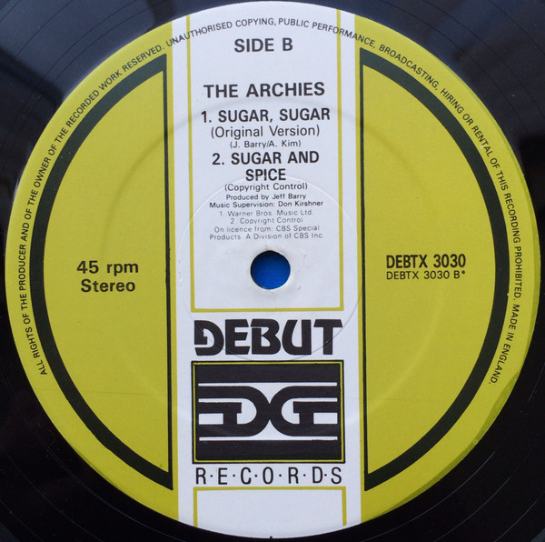 Archies, The - Sugar, Sugar (Special Extended Candyfloss Mix), Rock, Pop Rock, 1987 - Debut Edge Records, UK, Vinyl 1x 12", 4