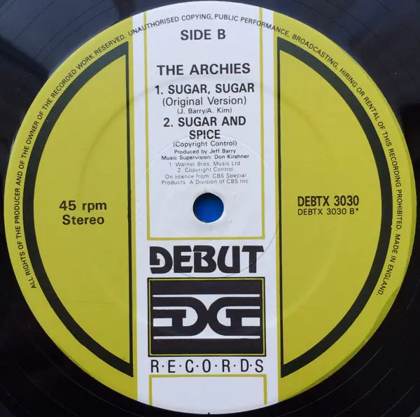 Archies, The - Sugar, Sugar (Special Extended Candyfloss Mix), Rock, Pop Rock, 1987 - Debut Edge Records, UK, Vinyl 1x 12", 4