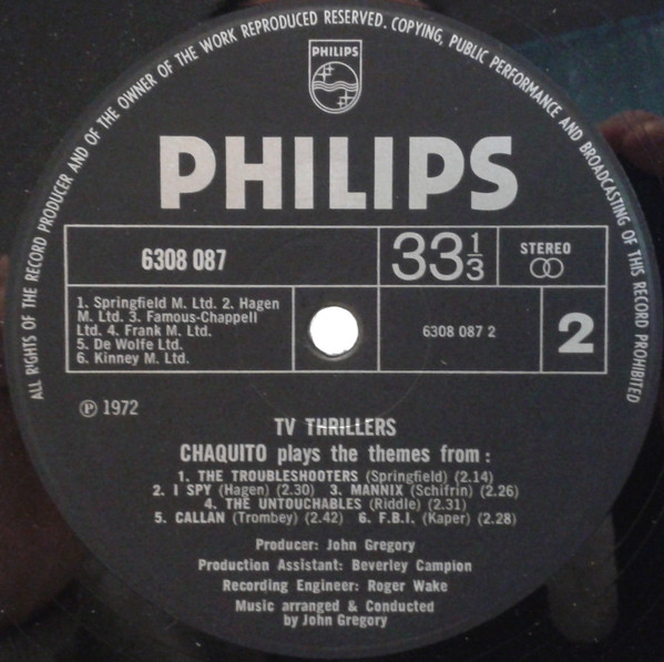 Chaquito - Chaquito Plays The Themes From TV Thrillers, Jazz, Stage & Screen, Big Band, Jazz-Funk, Theme, 1972 - Philips, UK,
