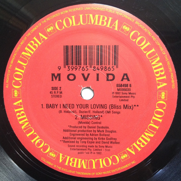 Movida - Baby I Need Your Loving - 1992 - House - Columbia - Vinyl 1x 12", 45 RPM