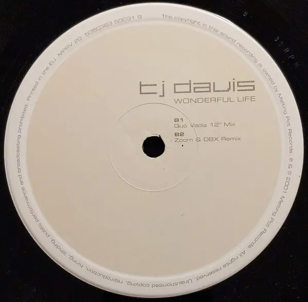 TJ Davis - Wonderful Life, Electronic, Trance, UK Garage, 2001 - Melting Pot Records, UK, Vinyl 1x 12", 33 ⅓ RPM