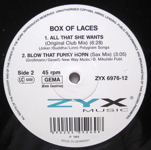 Box Of Laces - All That She Wants, Electronic, Pop, Euro House, Europop, 1993 - ZYX Music, Germany, Vinyl 1x 12", 45 RPM