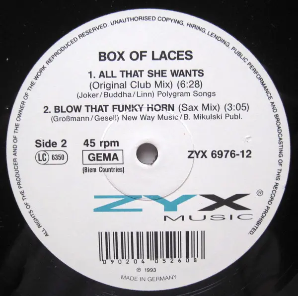 Box Of Laces - All That She Wants, Electronic, Pop, Euro House, Europop, 1993 - ZYX Music, Germany, Vinyl 1x 12", 45 RPM