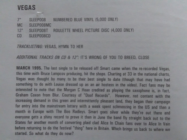 Sleeper (2) - Vegas, Rock, Britpop, Indie Rock, 1995 - Indolent Records, UK, Vinyl 1x 12", Picture Disc, Limited Edition