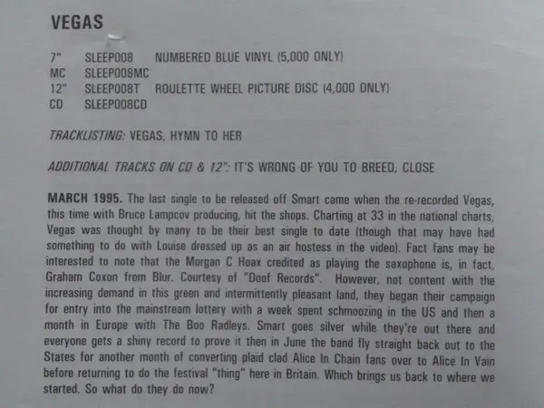 Sleeper (2) - Vegas, Rock, Britpop, Indie Rock, 1995 - Indolent Records, UK, Vinyl 1x 12", Picture Disc, Limited Edition