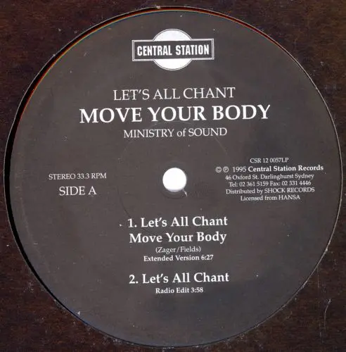 Ministry Of Sound - Let's All Chant (Move Your Body), Electronic, Euro House, 1995 - Central Station, Australia, Vinyl 1x 12"