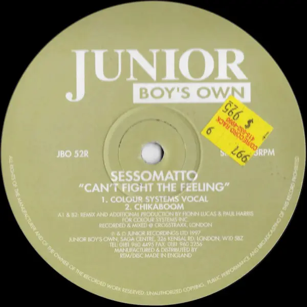 Sessomatto - Can't Fight The Feeling, Electronic, House, 1997 - Junior Boy's Own, UK, Vinyl 1x 12", 33 ⅓ RPM