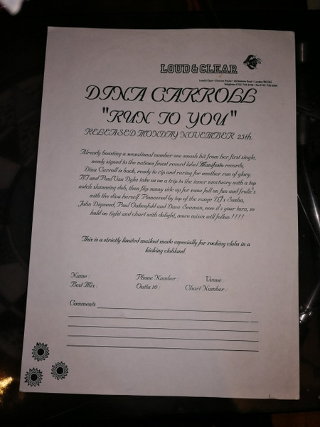 Dina Carroll - Run To You, Electronic, Breakbeat, Progressive House, 1996 - Manifesto, UK, Vinyl 1x 12", 45 RPM, Promo