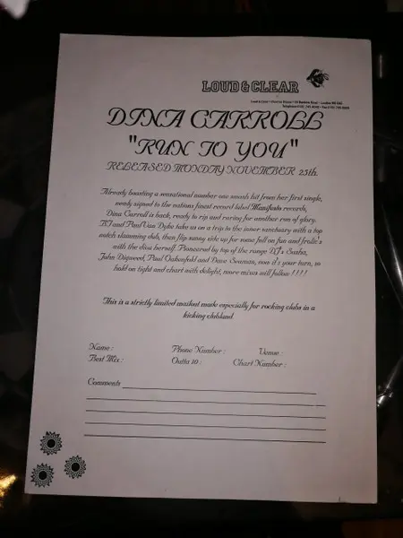 Dina Carroll - Run To You, Electronic, Breakbeat, Progressive House, 1996 - Manifesto, UK, Vinyl 1x 12", 45 RPM, Promo