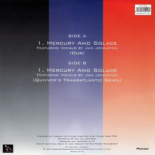 BT - Mercury And Solace (Disc 2), Electronic, Trance, 1999 - Headspace, UK, Vinyl 1x 12", 33 ⅓ RPM, Single