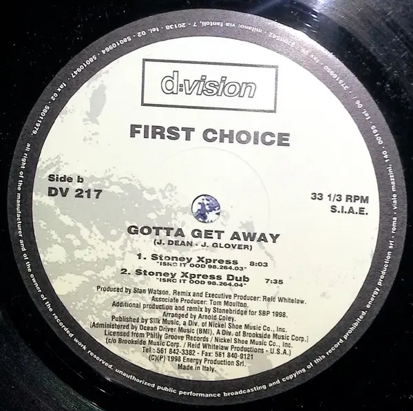 First Choice - Gotta Get Away, Electronic, House, 1998 - D:vision Records, Italy, Vinyl 1x 12", 33 ⅓ RPM