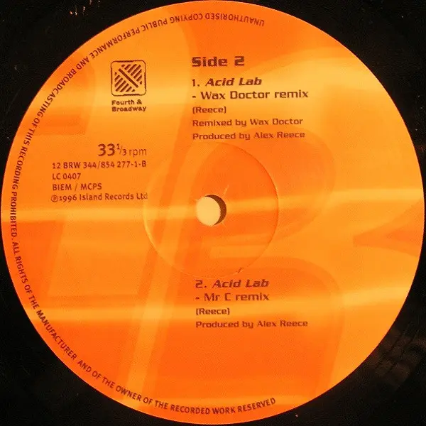 Alex Reece - Acid Lab, Electronic, Acid Jazz, Drum n Bass, Jungle, 1996 - 4th & Broadway, UK, Vinyl 1x 12", 33 ⅓ RPM