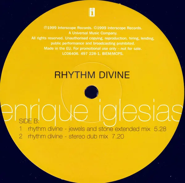 Enrique Iglesias - Rhythm Divine, Electronic, Latin, Pop, House, 1999 - Interscope Records, Europe, Vinyl 1x 12", Promo