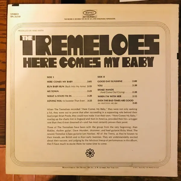 Tremeloes, The - Here Comes My Baby, Rock, Beat, Mod, Pop Rock, 1967 - Epic, US, Vinyl 1x LP, Stereo, Album Santa Maria Press