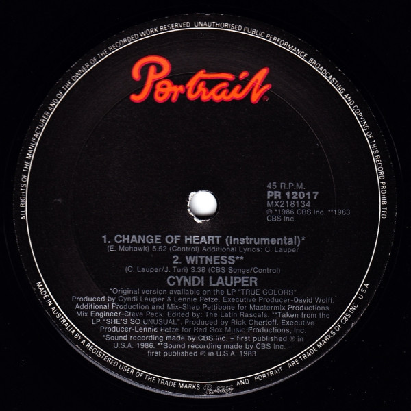 Cyndi Lauper - Change Of Heart, Electronic, Rock, Ska, Synth-pop, 1986 - Portrait, Australia, Vinyl 1x 12", 45 RPM, Single