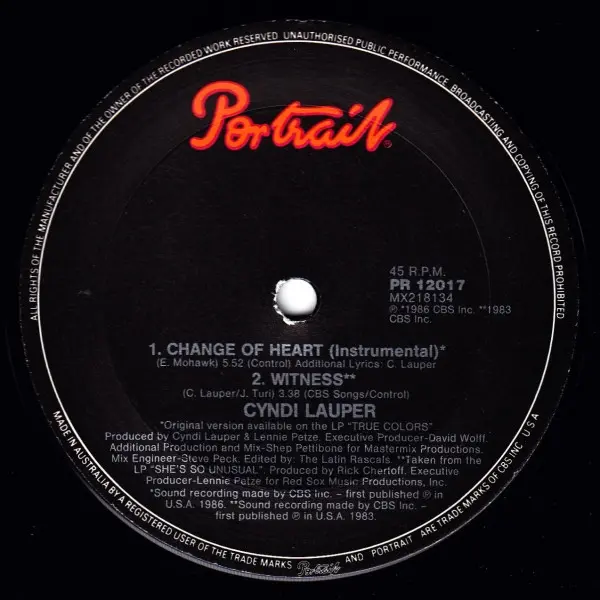 Cyndi Lauper - Change Of Heart, Electronic, Rock, Ska, Synth-pop, 1986 - Portrait, Australia, Vinyl 1x 12", 45 RPM, Single
